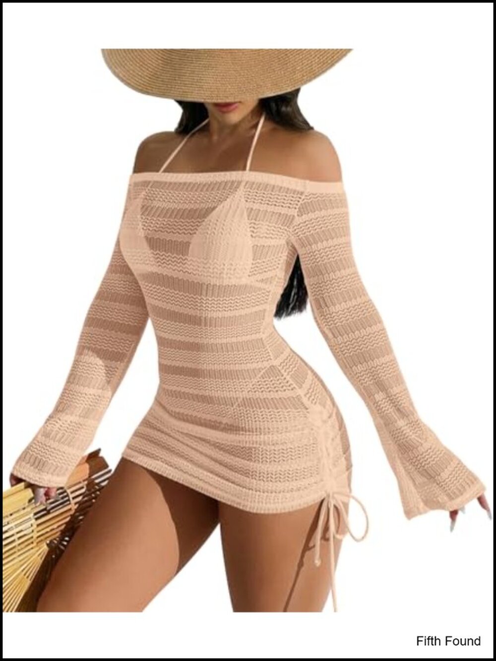 Women's Off Shoulder Bell Sleeve Swimsuit Coverup Sheer Mesh Beach Dress